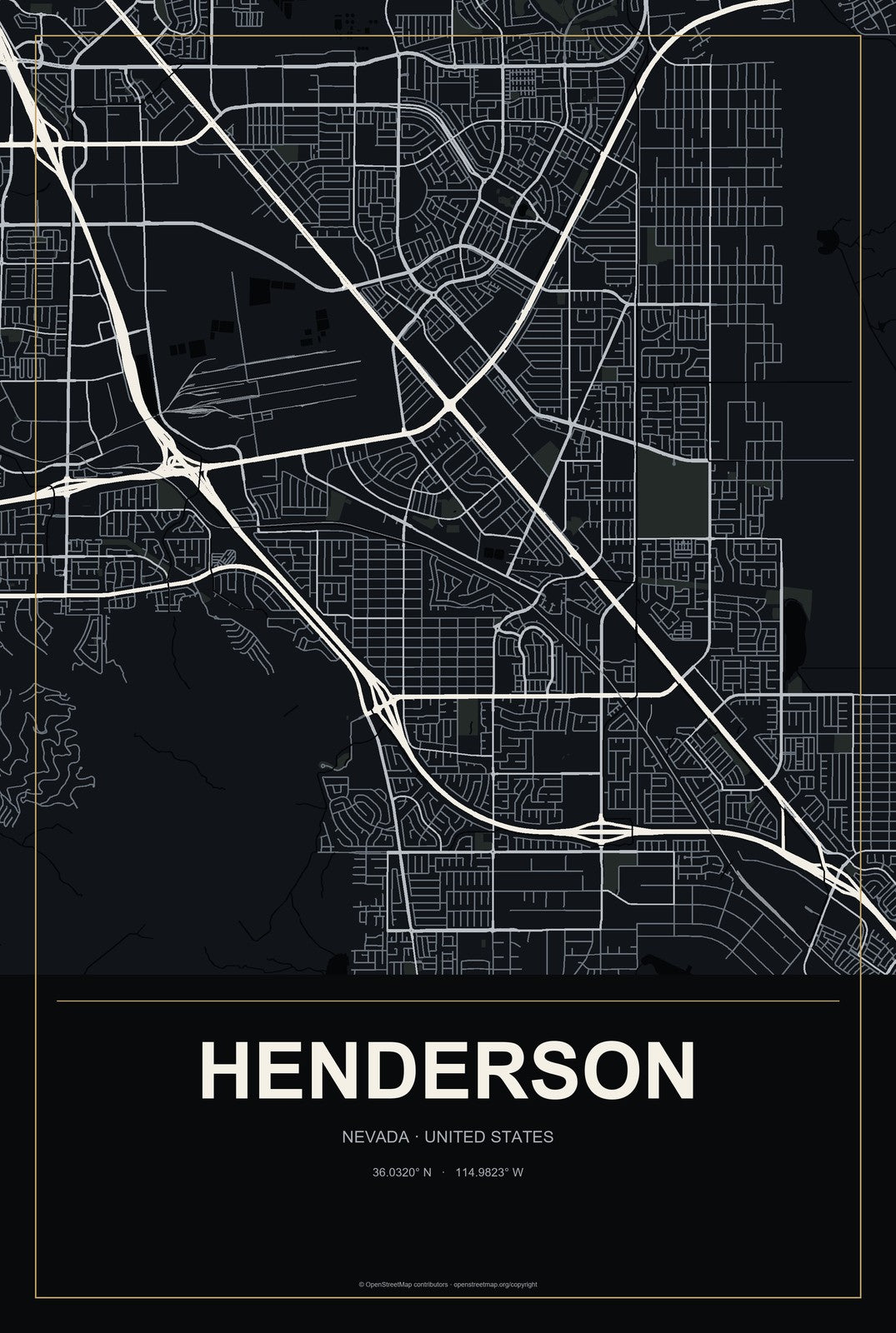 Henderson, Nevada City Map Aluminum Sign in Metropolitan Noir style