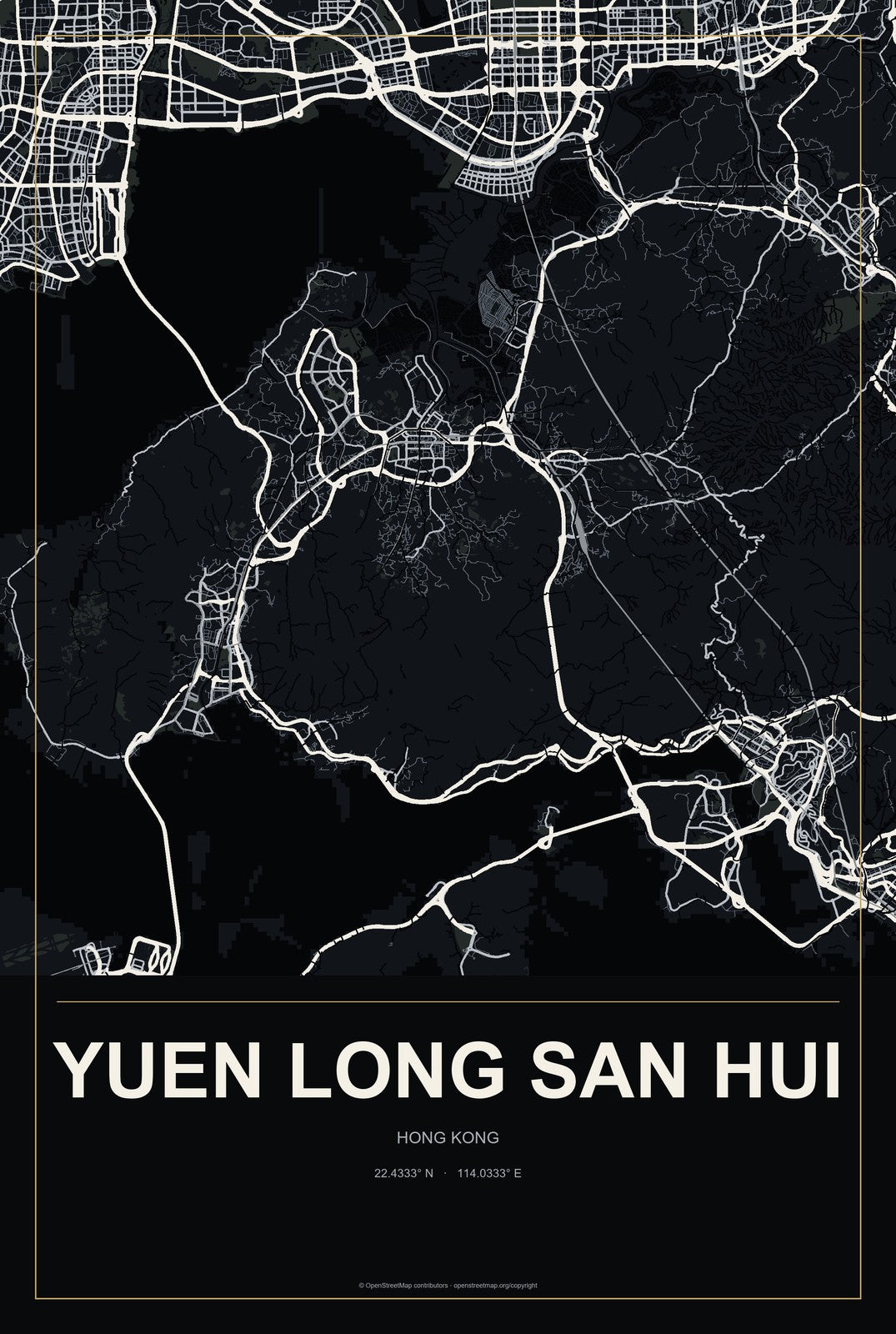 Yuen Long San Hui, Hong Kong City Map Aluminum Sign in Metropolitan Noir style