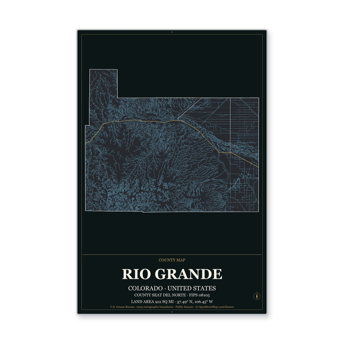 Rio Grande County, Colorado Map Aluminum Sign in Metropolitan Noir style