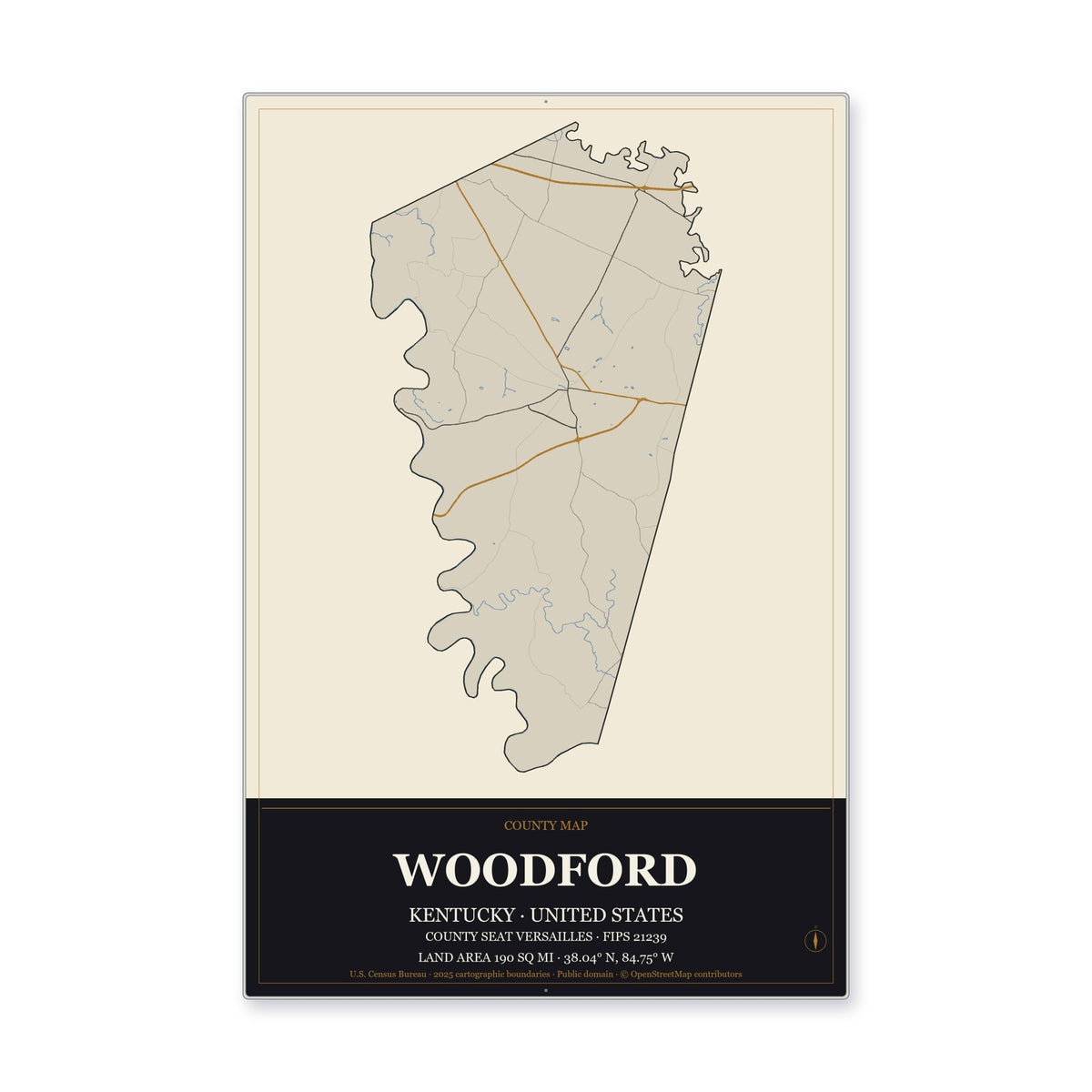 Woodford County, Kentucky Map Aluminum Sign in Museum Plaque style