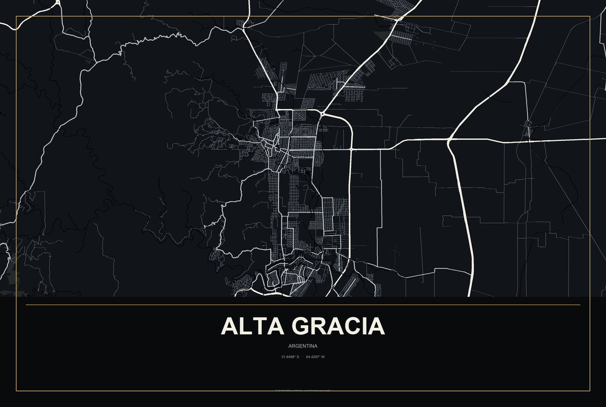 Alta Gracia, Argentina City Map Aluminum Sign in Metropolitan Noir style