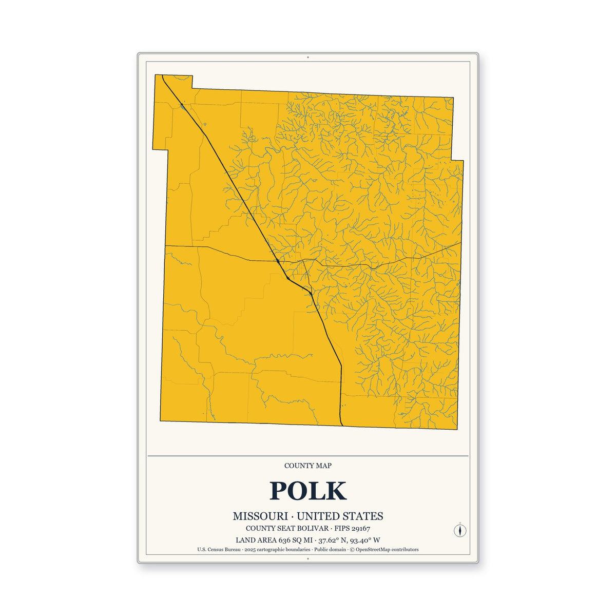 Polk County, Missouri Map Aluminum Sign in Citrine Modern style