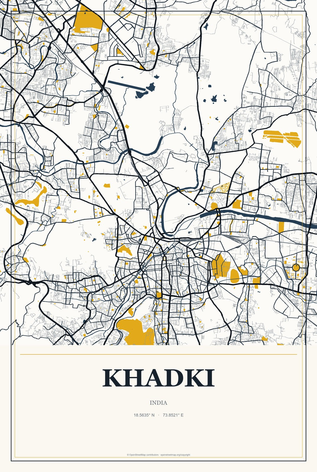 Khadki, India City Map Aluminum Sign in Citrine Modern style