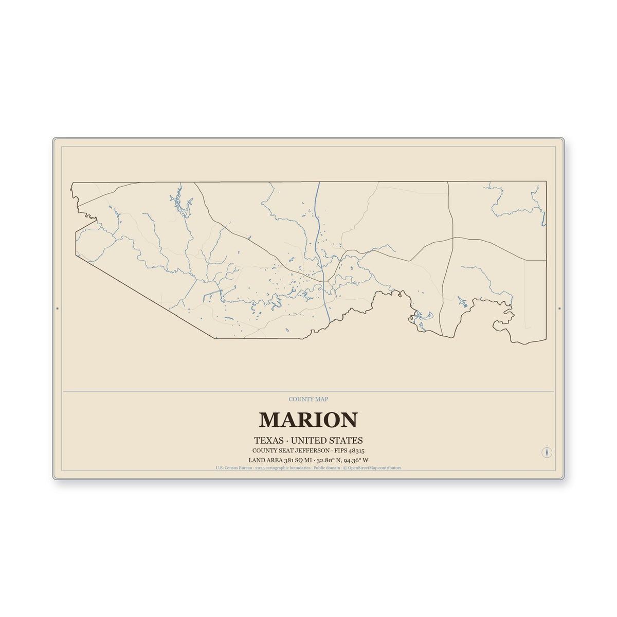 Marion County, Texas Map Aluminum Sign in Heritage Nautical style