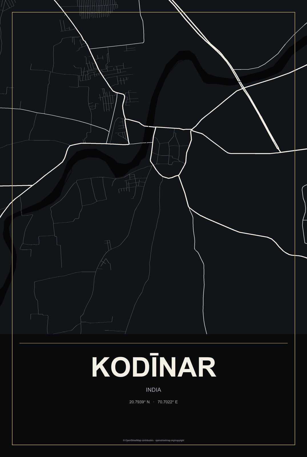 Kodīnar, India City Map Aluminum Sign in Metropolitan Noir style