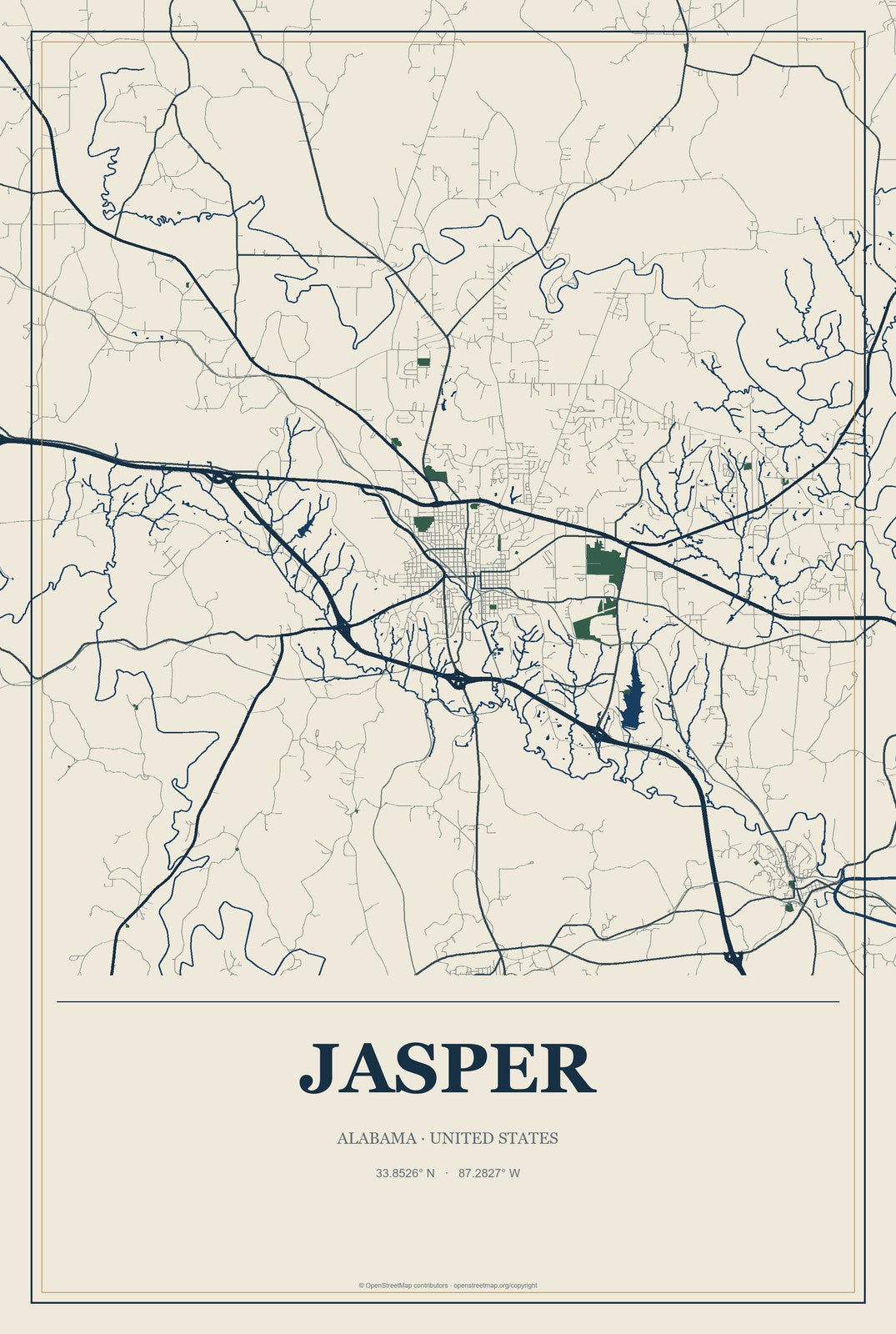 Jasper, Alabama City Map Aluminum Sign in Coastal Cutout style
