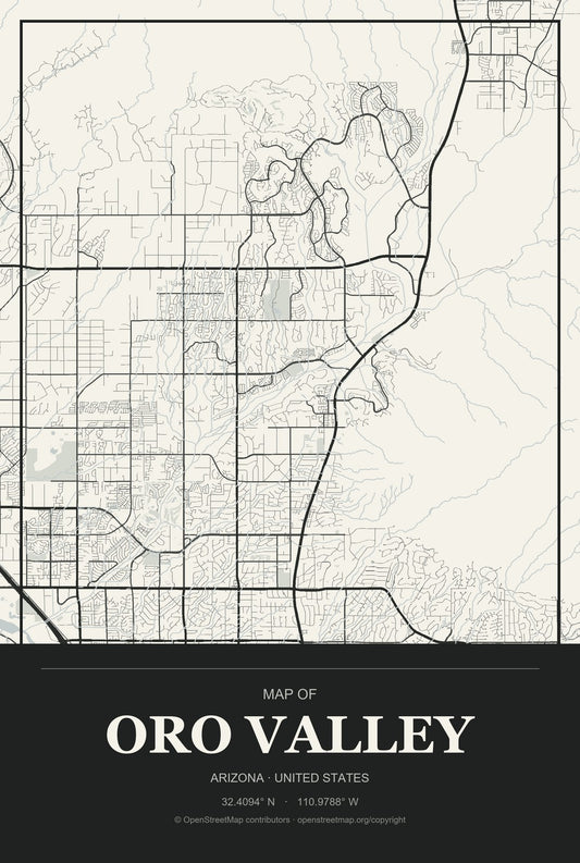 Oro Valley, Arizona City Map Aluminum Sign in Museum Plaque style
