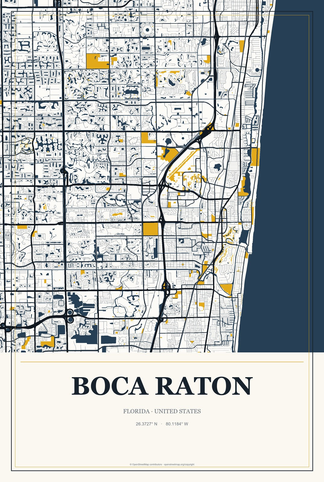 Boca Raton, Florida City Map Aluminum Sign in Citrine Modern style