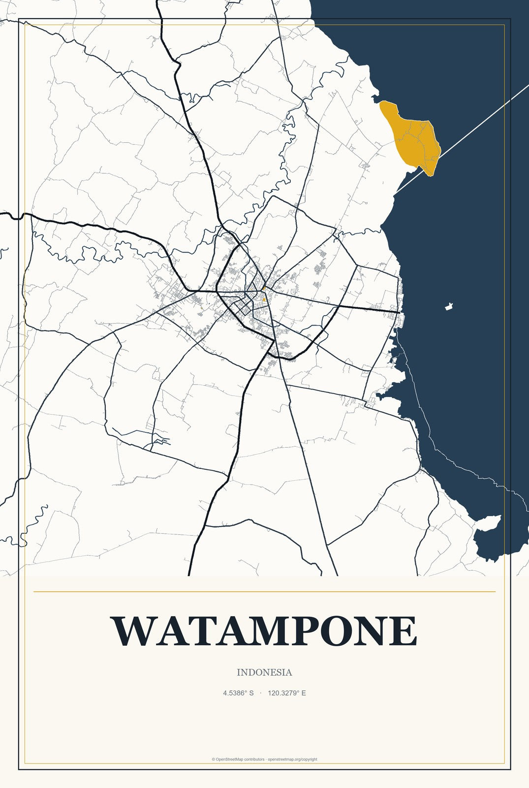 Watampone, Indonesia City Map Aluminum Sign in Citrine Modern style