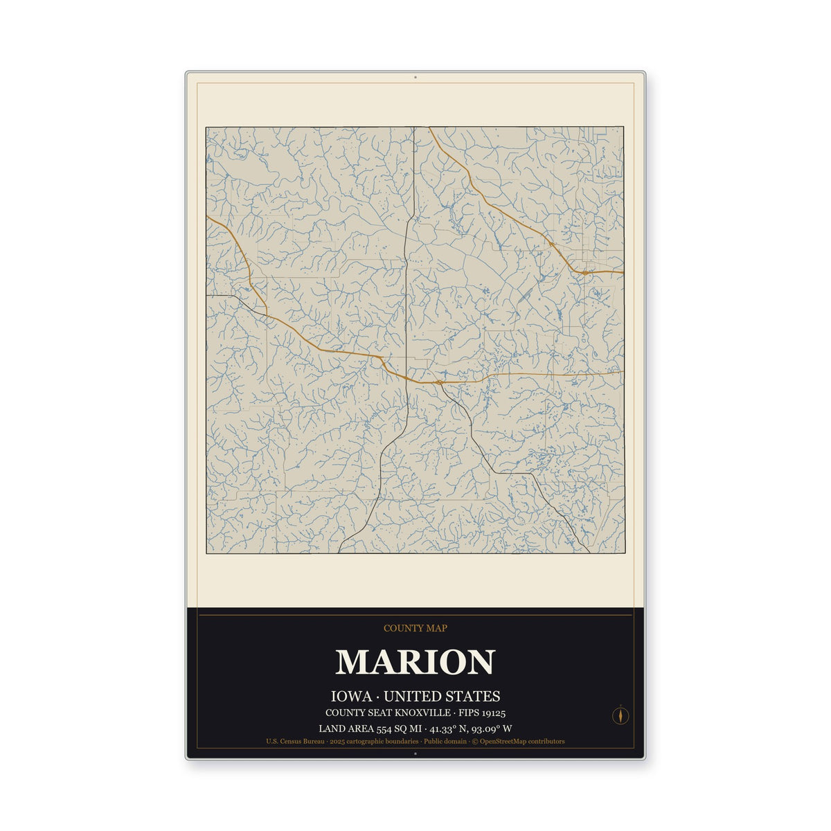 Marion County, Iowa Map Aluminum Sign in Museum Plaque style