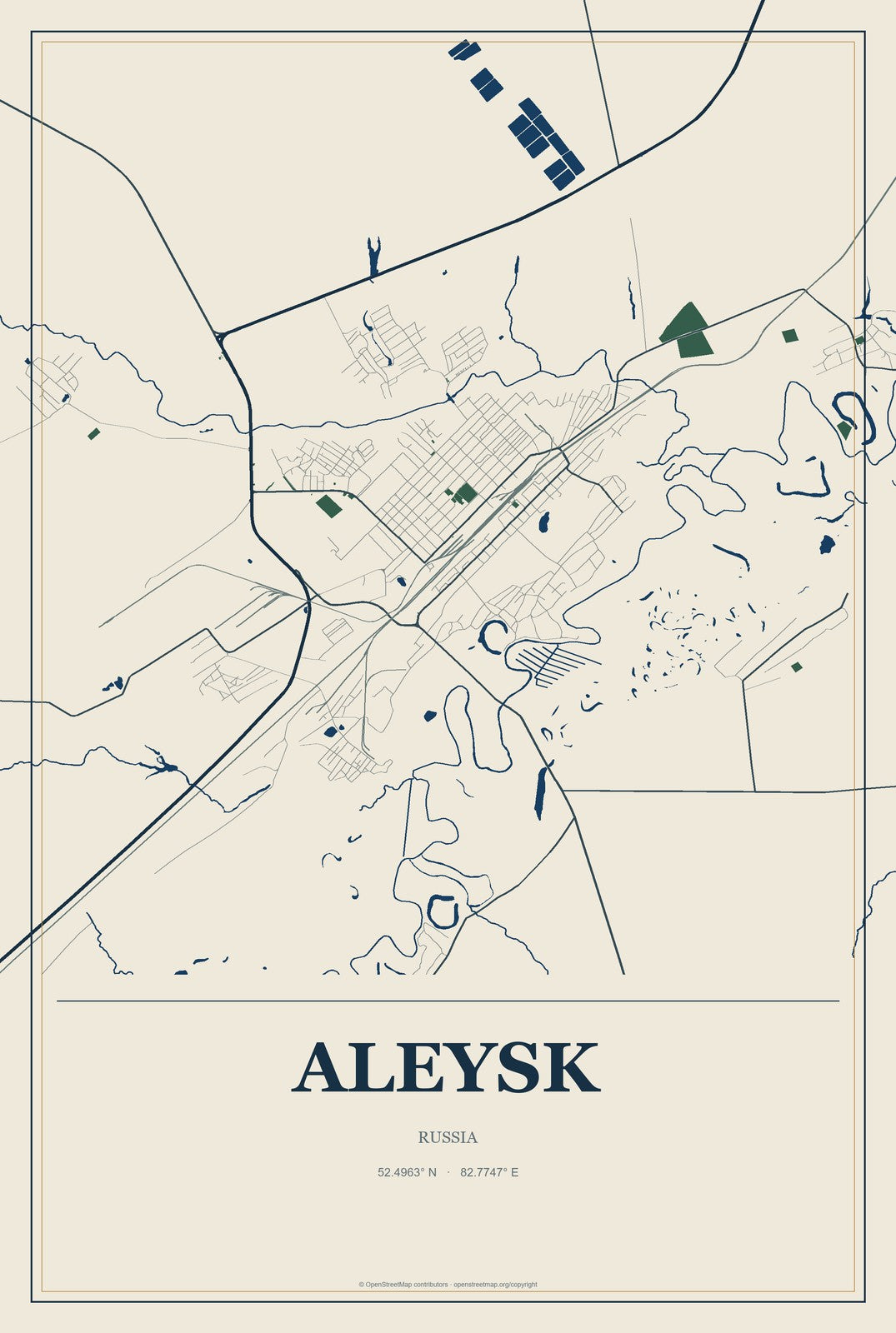 Aleysk, Russia City Map Aluminum Sign in Coastal Cutout style
