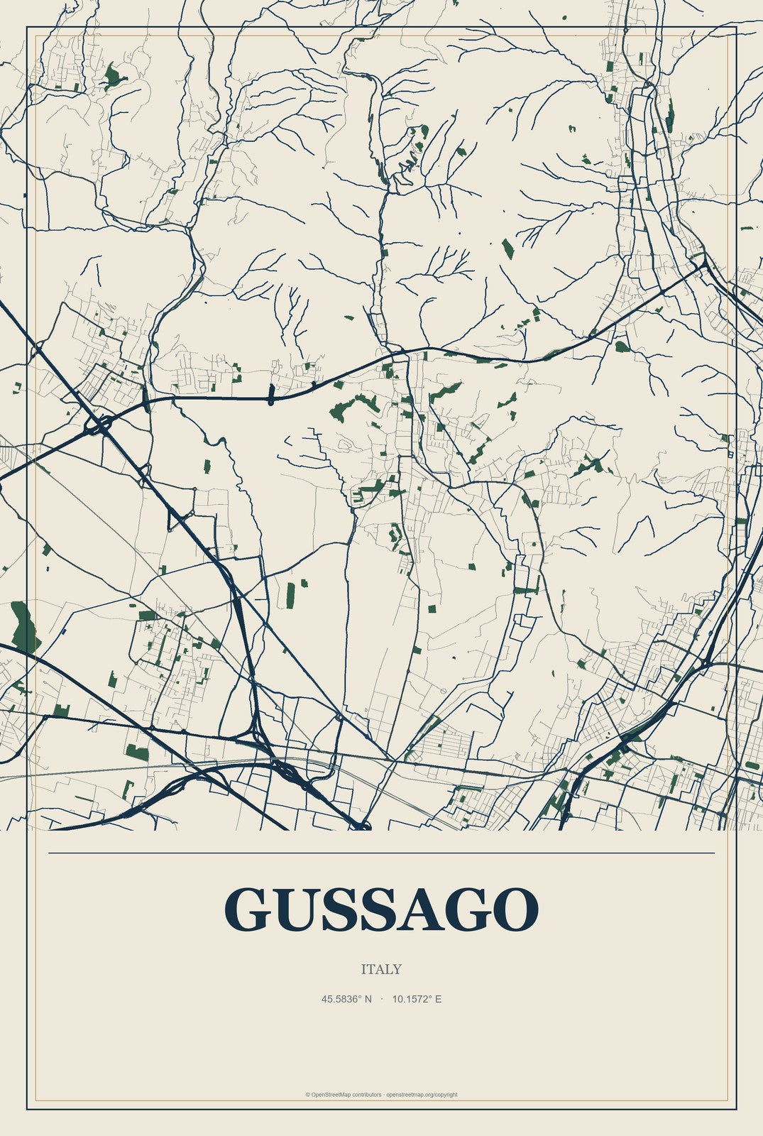 Gussago, Italy City Map Aluminum Sign in Coastal Cutout style