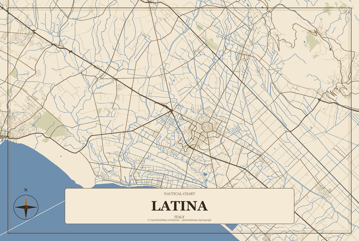 Latina, Italy City Map Aluminum Sign in Heritage Nautical style