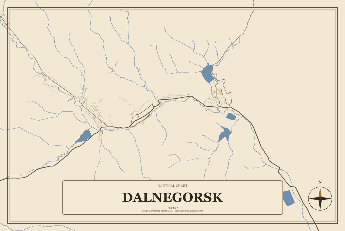 Dalnegorsk, Russia City Map Aluminum Sign in Heritage Nautical style