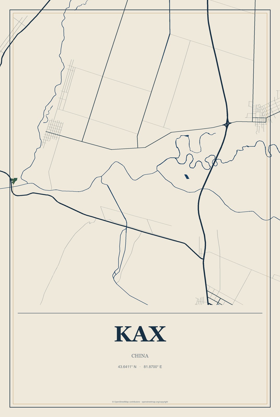 Kax, China City Map Aluminum Sign in Coastal Cutout style