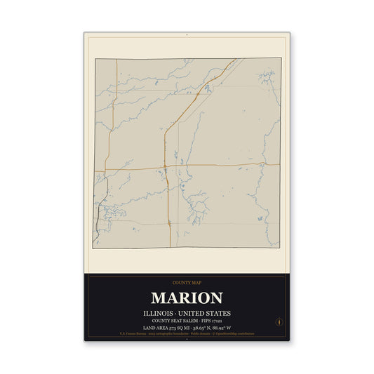 Marion County, Illinois Map Aluminum Sign in Museum Plaque style