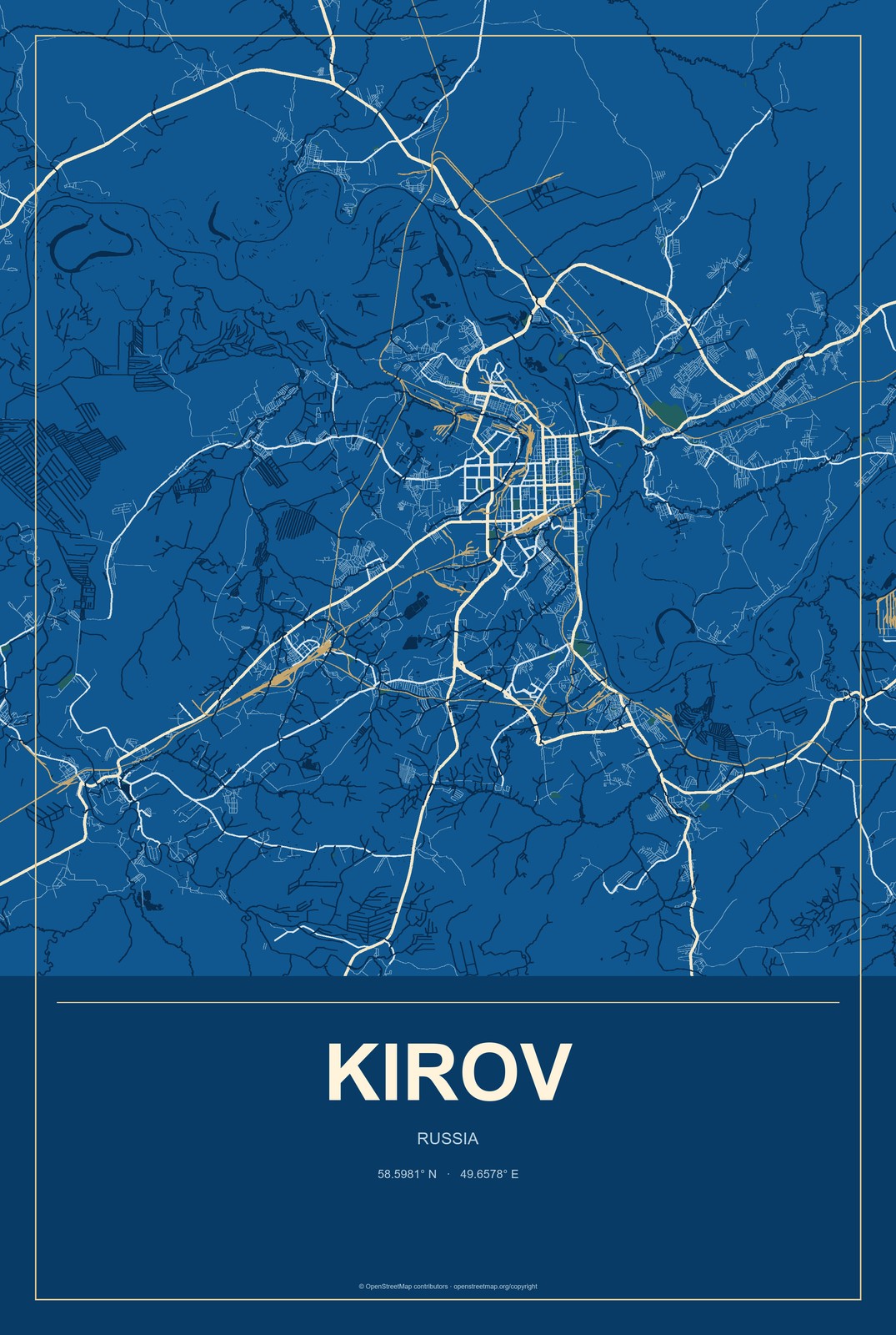 Kirov, Kaluga Oblast, Russia City Map Aluminum Sign in Harbor Cobalt style