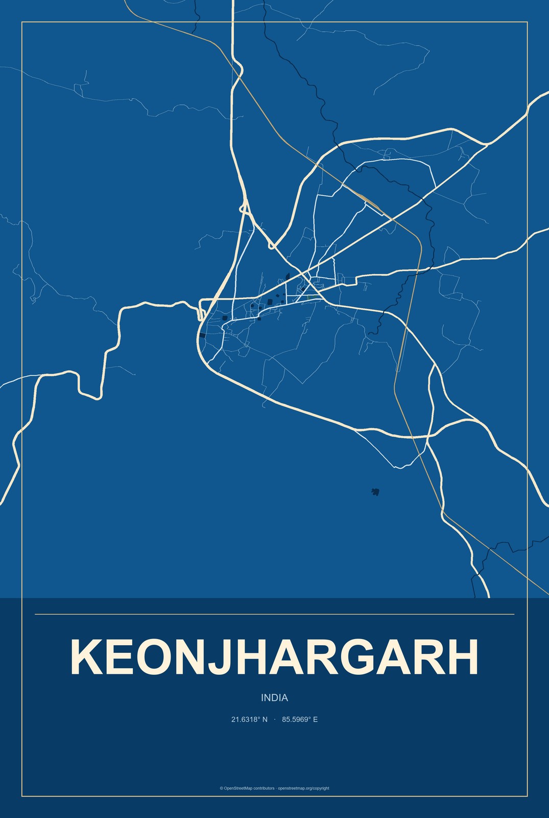 Keonjhargarh, India City Map Aluminum Sign in Harbor Cobalt style