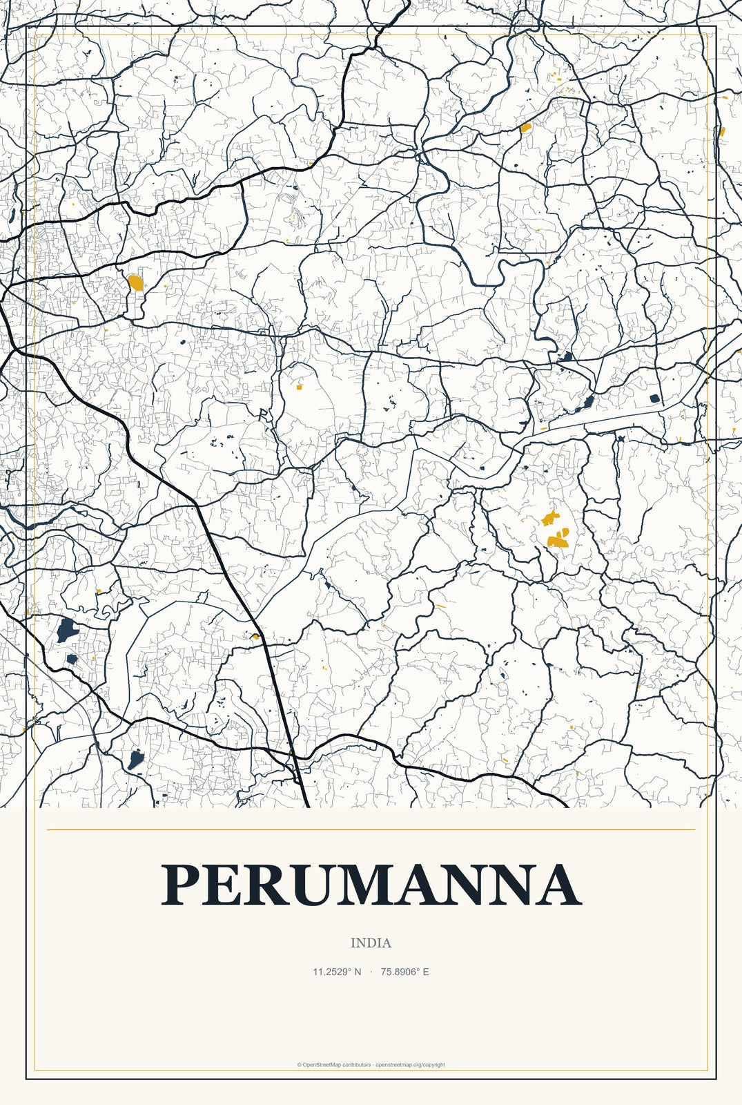 Perumanna, India City Map Aluminum Sign in Citrine Modern style