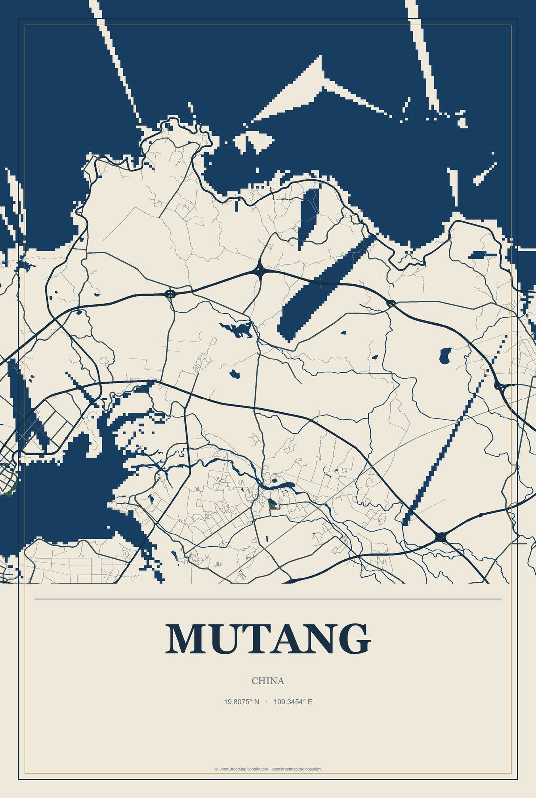 Mutang, China City Map Aluminum Sign in Coastal Cutout style