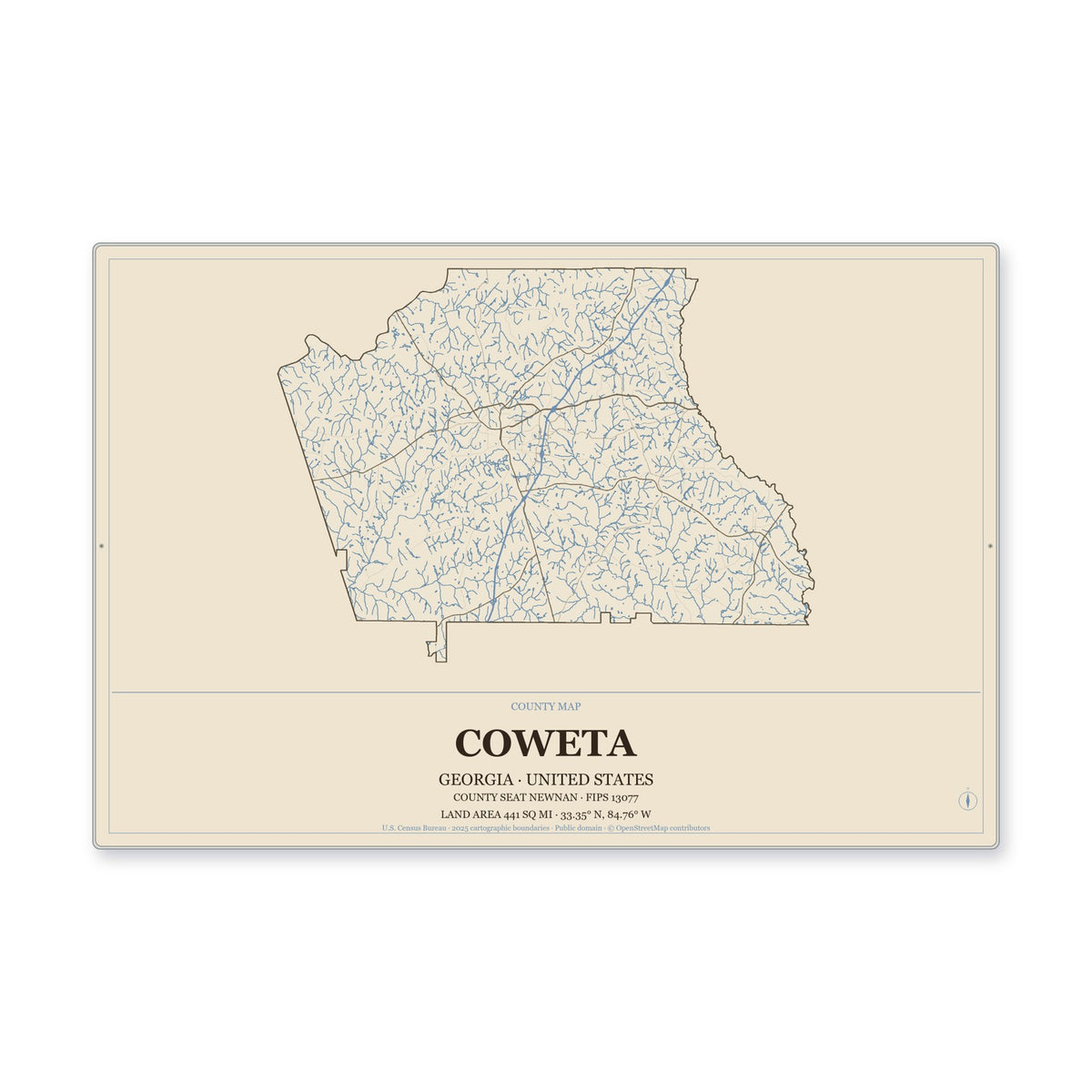 Coweta County, Georgia Map Aluminum Sign in Heritage Nautical style