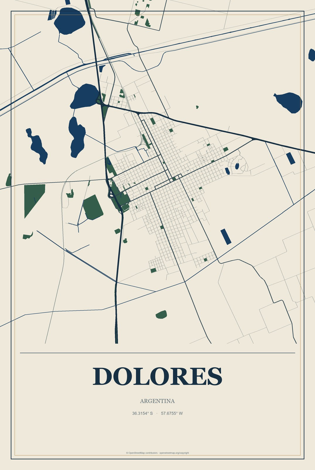 Dolores, Argentina City Map Aluminum Sign in Coastal Cutout style