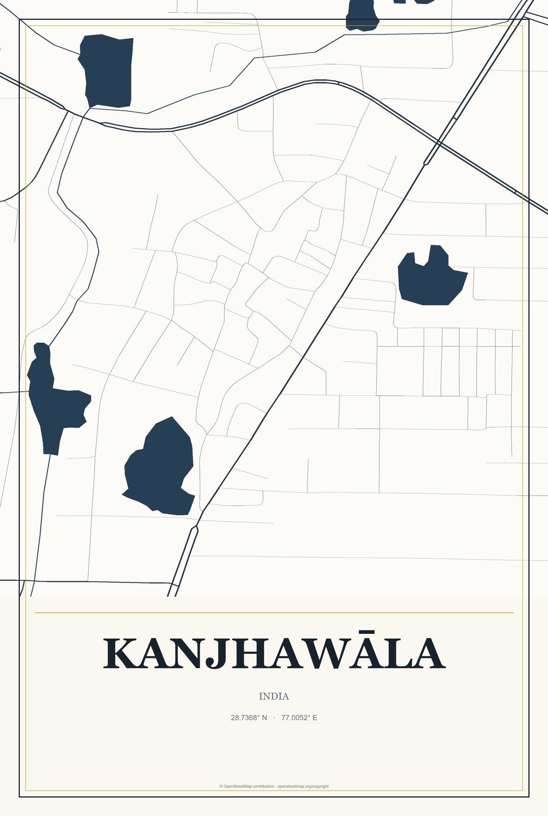 Kanjhawāla, India City Map Aluminum Sign in Citrine Modern style