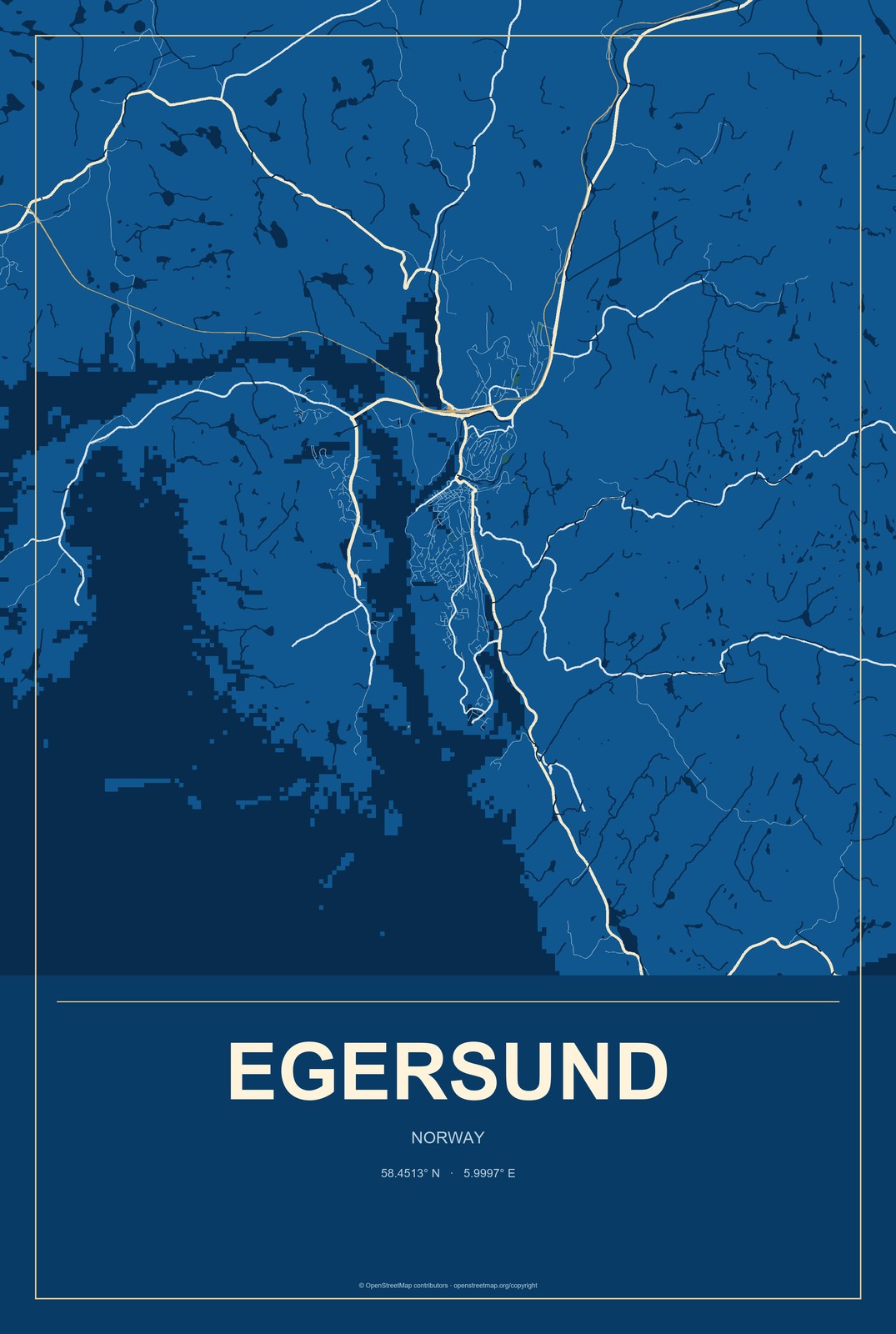 Egersund, Norway City Map Aluminum Sign in Harbor Cobalt style