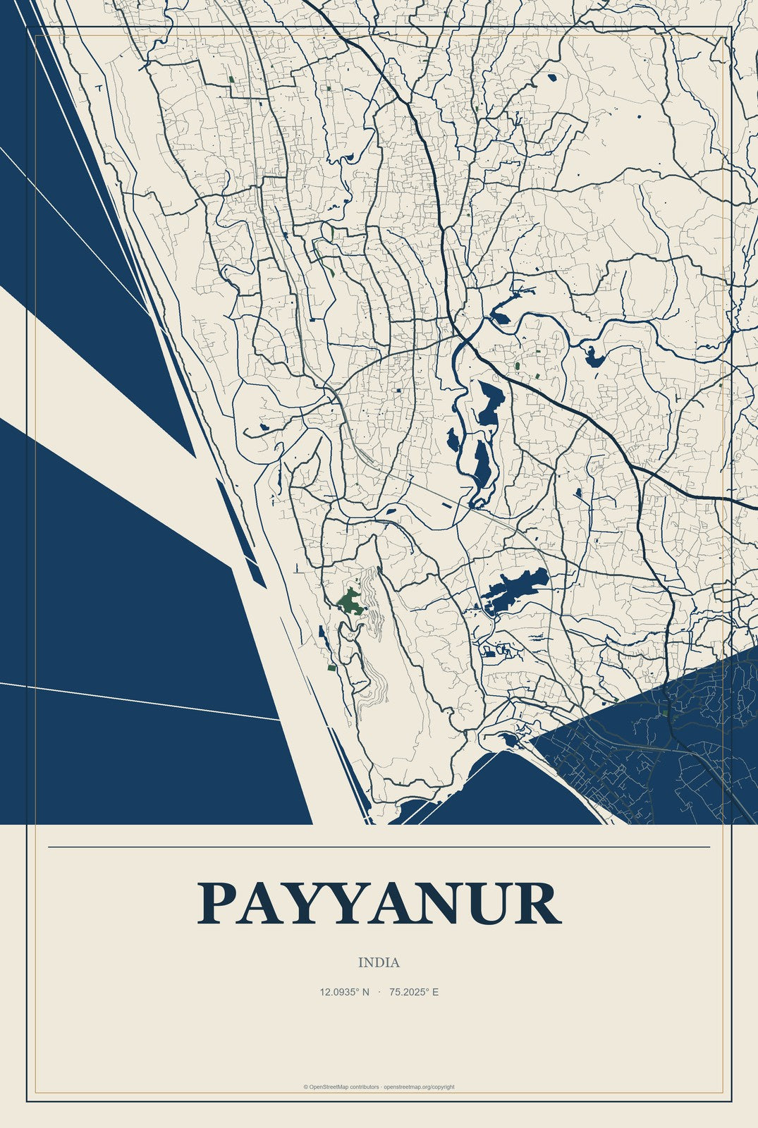 Payyanur, India City Map Aluminum Sign in Coastal Cutout style
