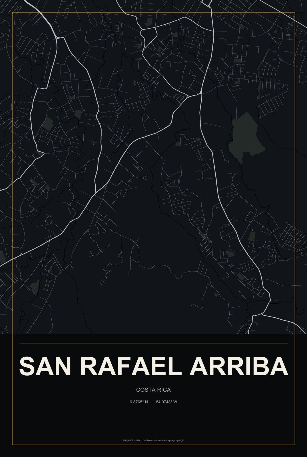 San Rafael Arriba, Costa Rica City Map Aluminum Sign in Metropolitan Noir style