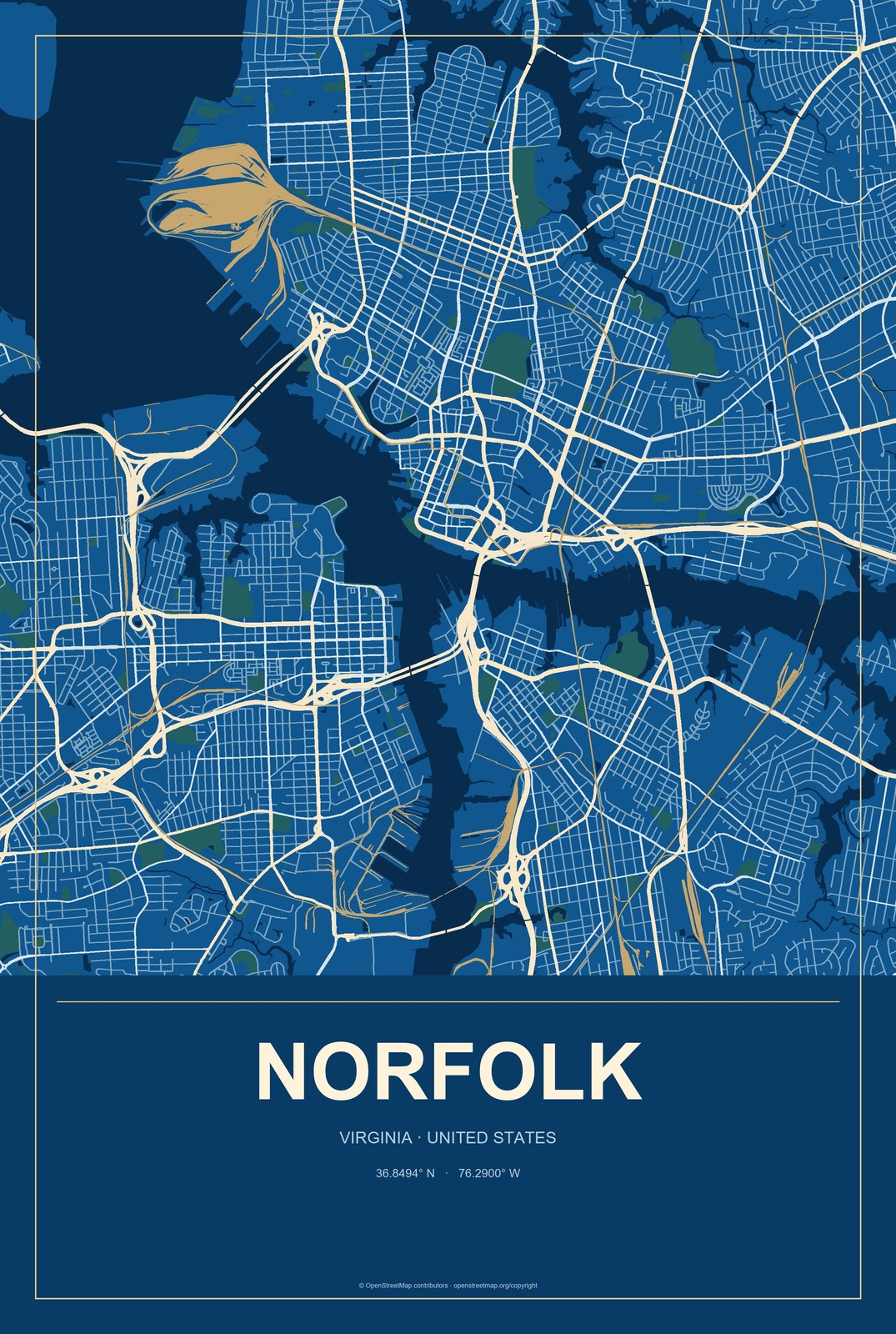 Norfolk, Virginia City Map Aluminum Sign in Harbor Cobalt style