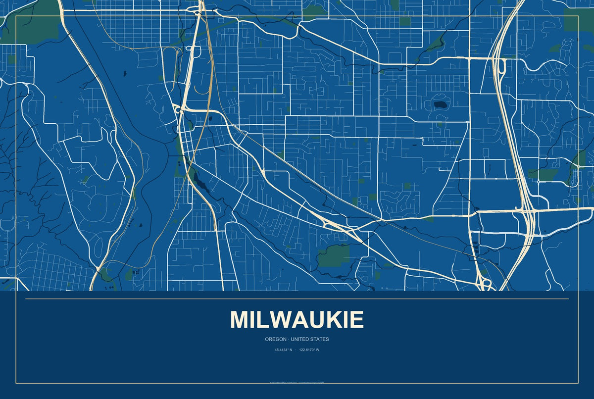 Milwaukie, Oregon City Map Aluminum Sign in Harbor Cobalt style