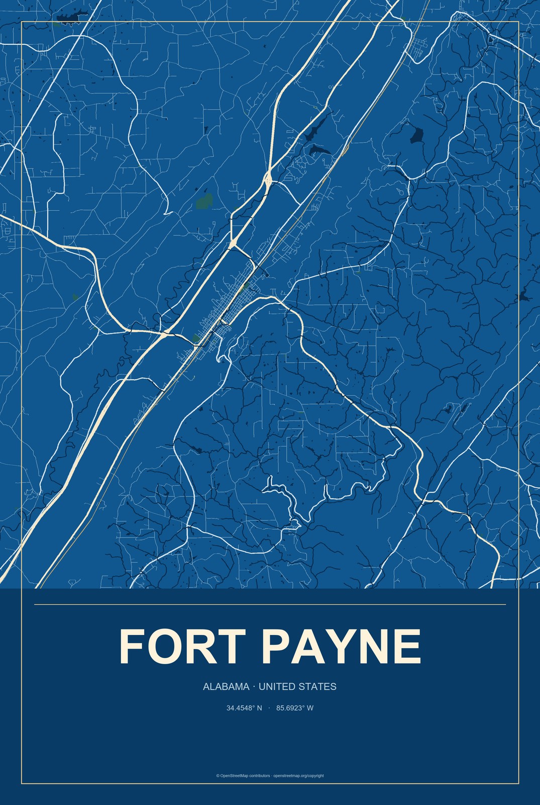 Fort Payne, Alabama City Map Aluminum Sign in Harbor Cobalt style