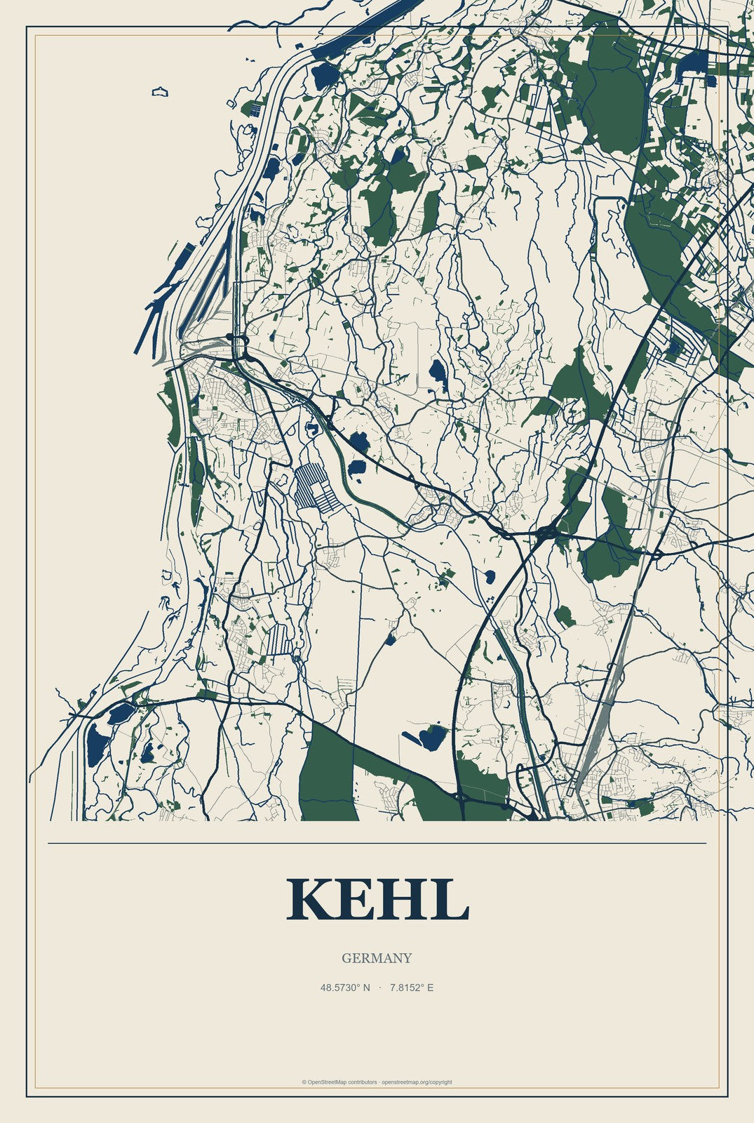 Kehl, Germany City Map Aluminum Sign in Coastal Cutout style