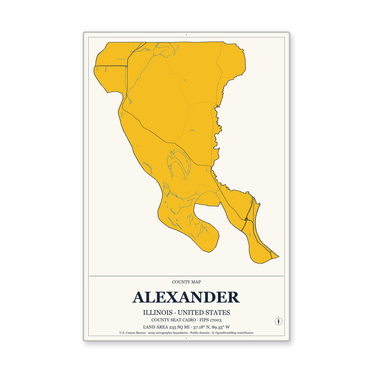 Alexander County, Illinois Map Aluminum Sign in Citrine Modern style