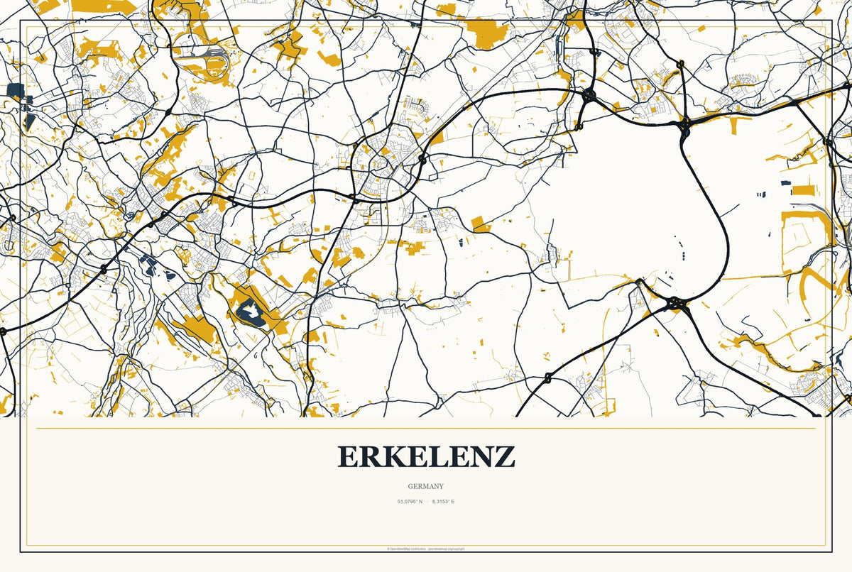 Erkelenz, Germany City Map Aluminum Sign in Citrine Modern style