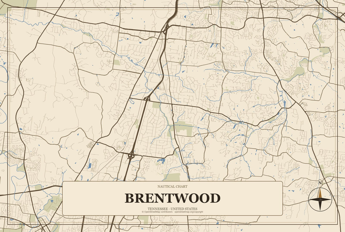 Brentwood, Tennessee City Map Aluminum Sign in Heritage Nautical style