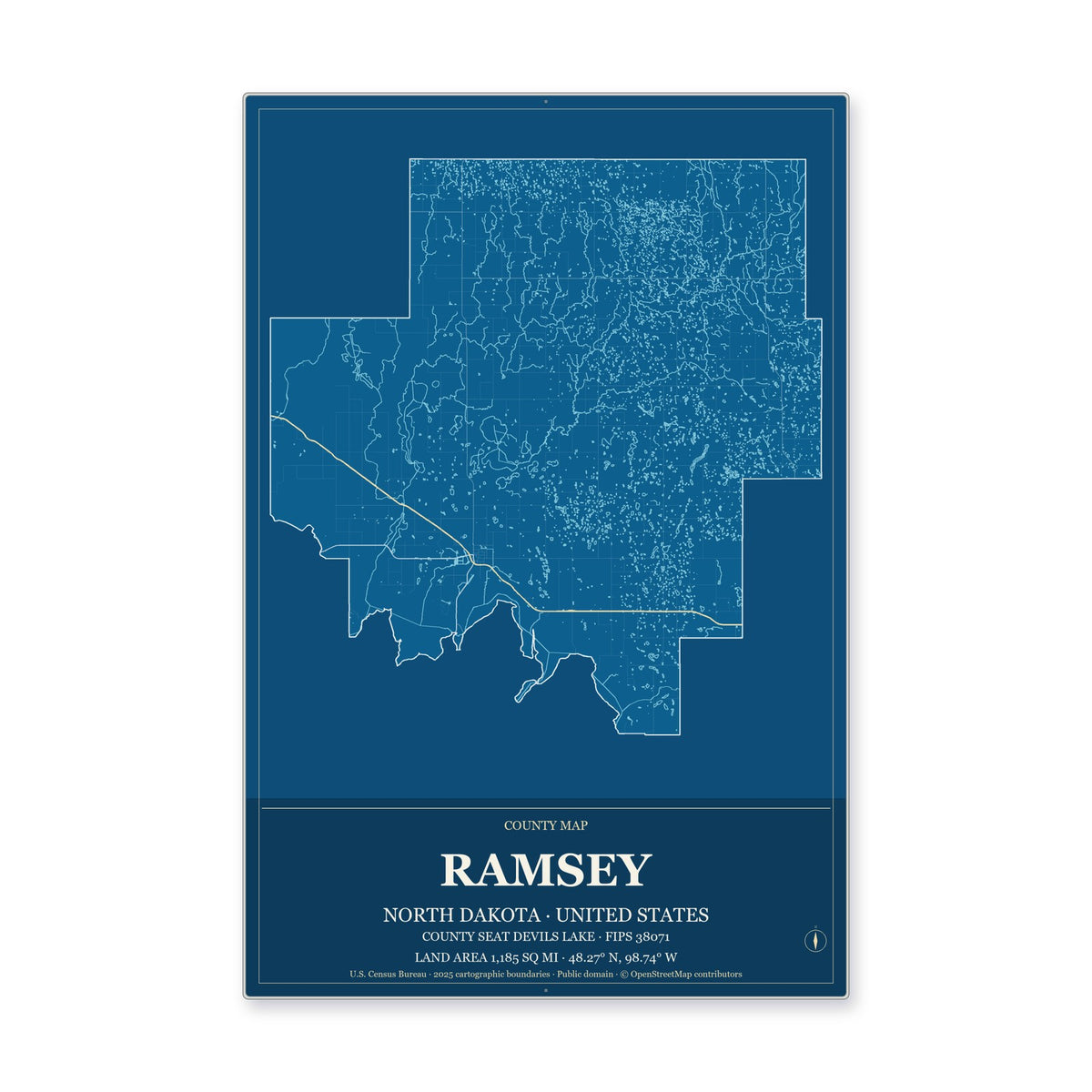 Ramsey County, North Dakota Map Aluminum Sign in Harbor Cobalt style