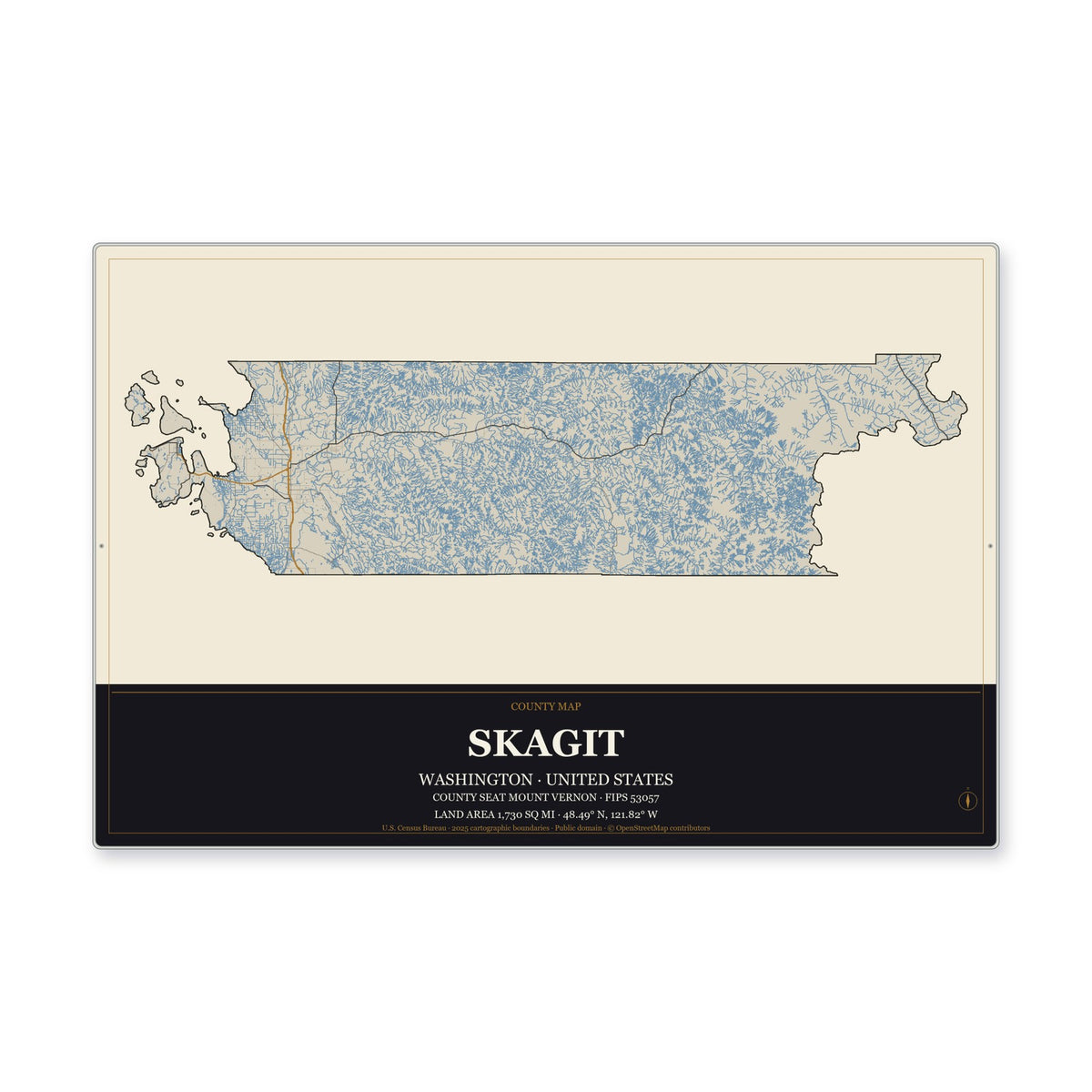 Skagit County, Washington Map Aluminum Sign in Museum Plaque style