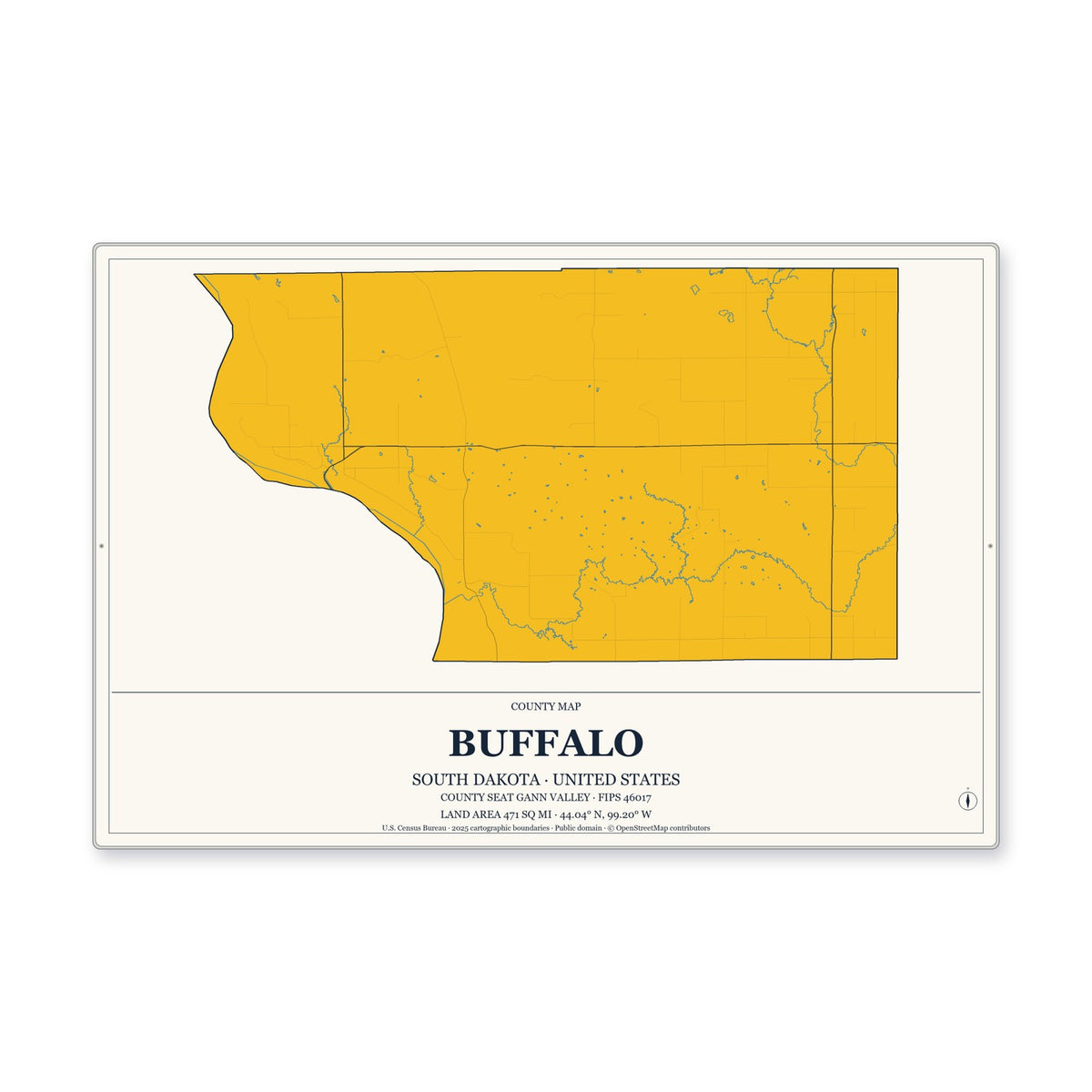 Buffalo County, South Dakota Map Aluminum Sign in Citrine Modern style