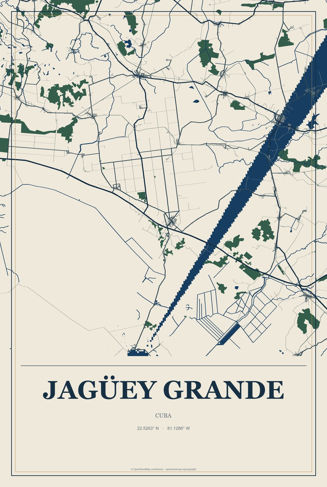 Jagüey Grande, Cuba City Map Aluminum Sign in Coastal Cutout style