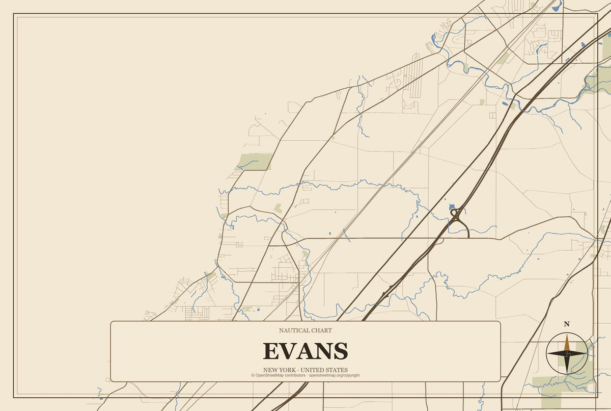 Evans, New York City Map Aluminum Sign in Heritage Nautical style