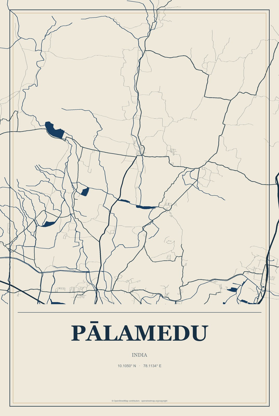Pālamedu, India City Map Aluminum Sign in Coastal Cutout style