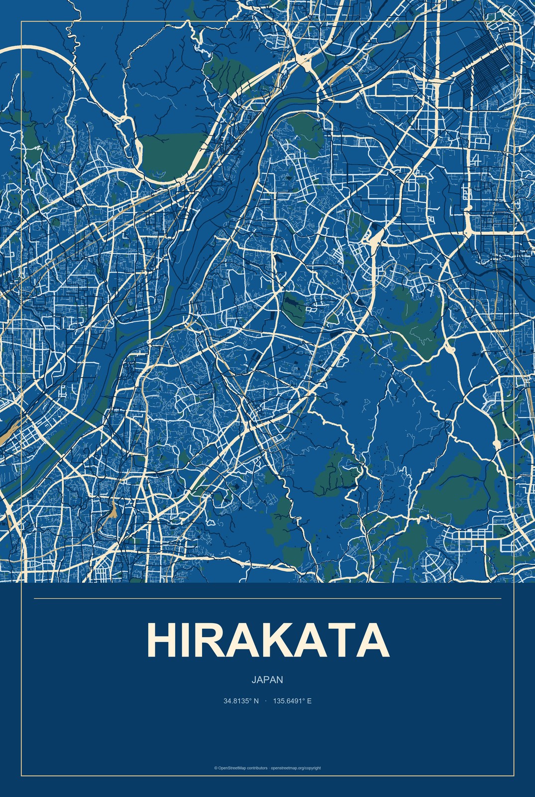 Hirakata, Japan City Map Aluminum Sign in Harbor Cobalt style