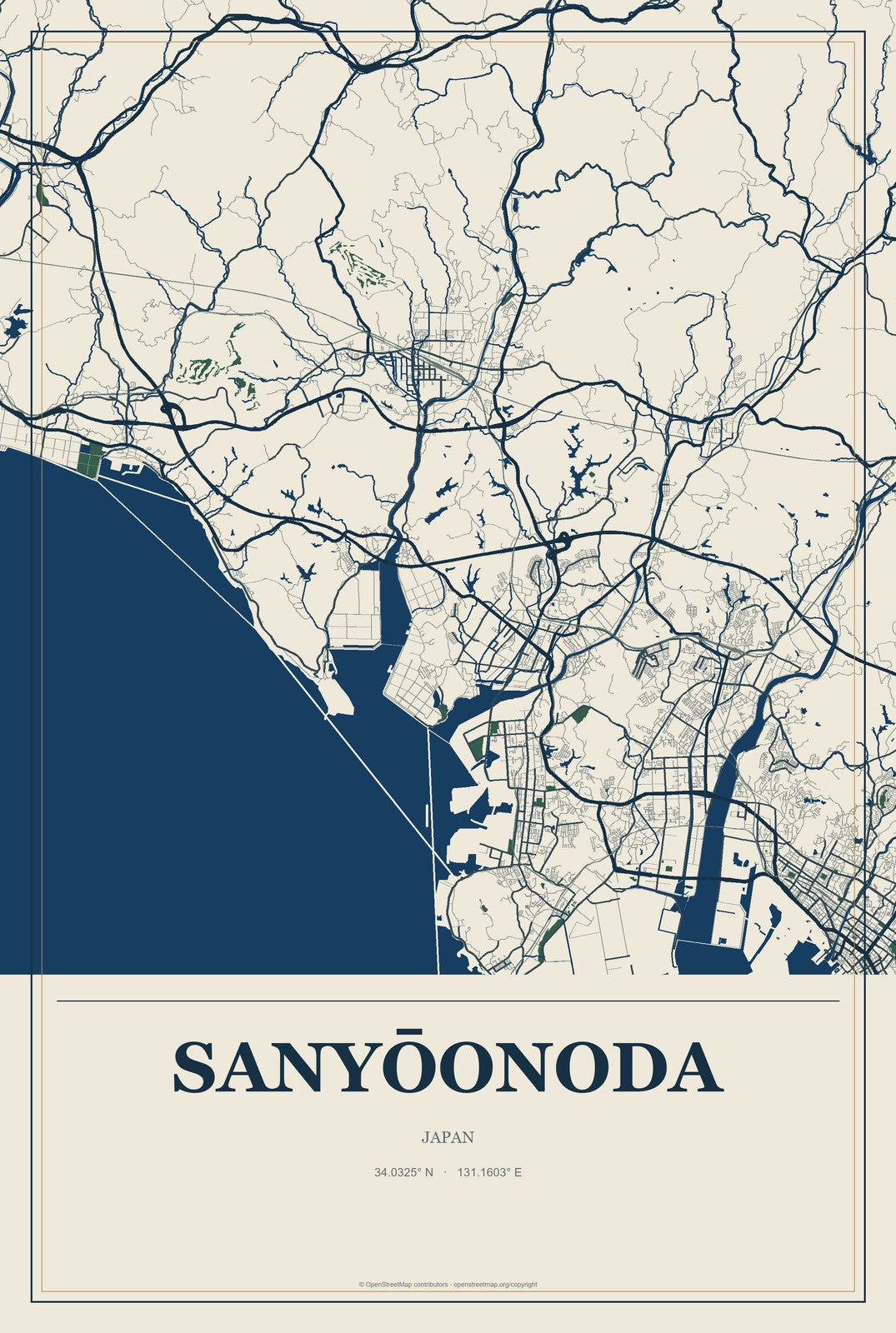 Sanyōonoda, Japan City Map Aluminum Sign in Coastal Cutout style