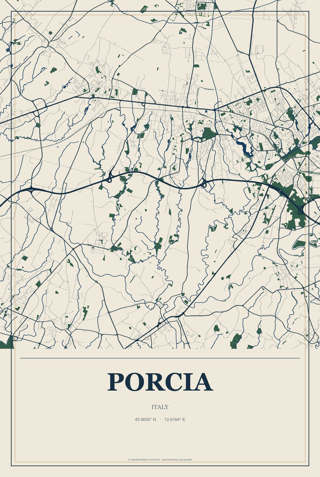 Porcia, Italy City Map Aluminum Sign in Coastal Cutout style