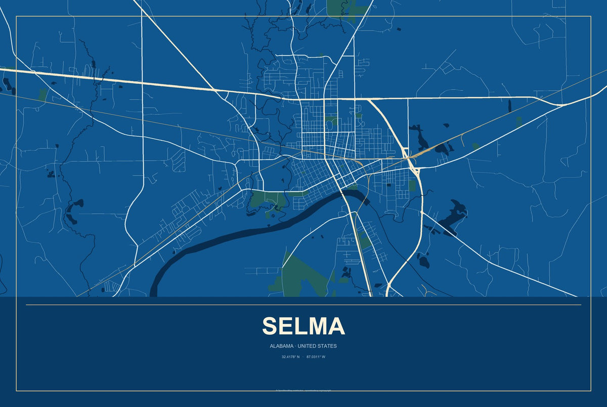 Selma, Alabama City Map Aluminum Sign in Harbor Cobalt style