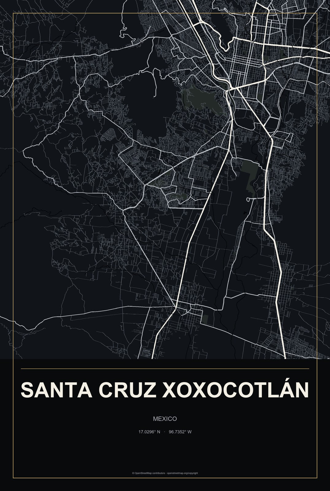 Santa Cruz Xoxocotlán, Mexico City Map Aluminum Sign in Metropolitan Noir style