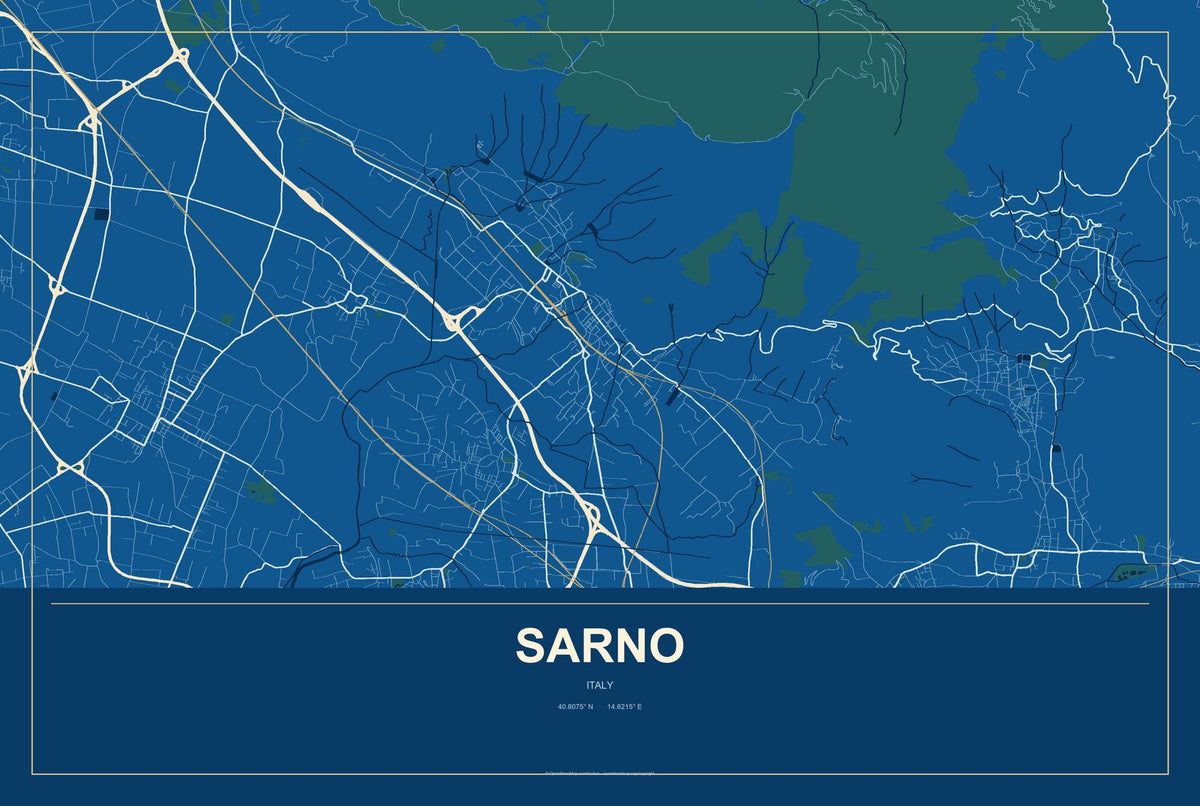Sarno, Italy City Map Aluminum Sign in Harbor Cobalt style
