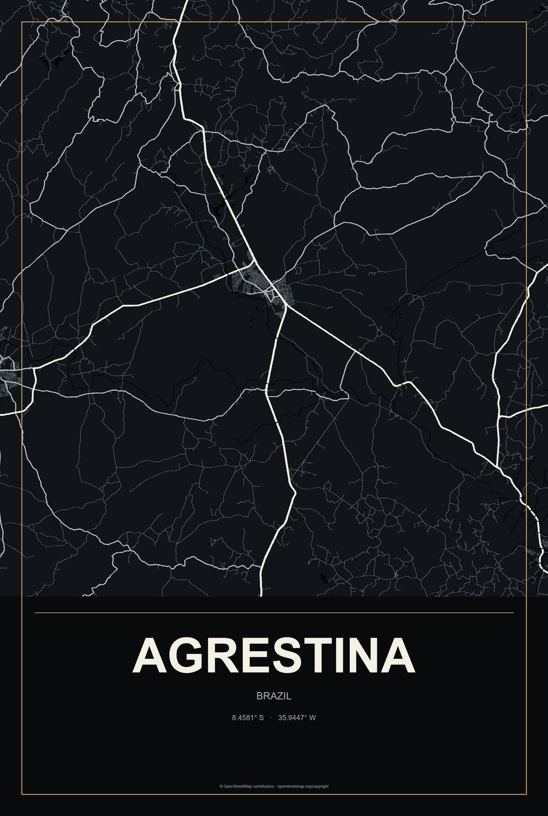 Agrestina, Brazil City Map Aluminum Sign in Metropolitan Noir style